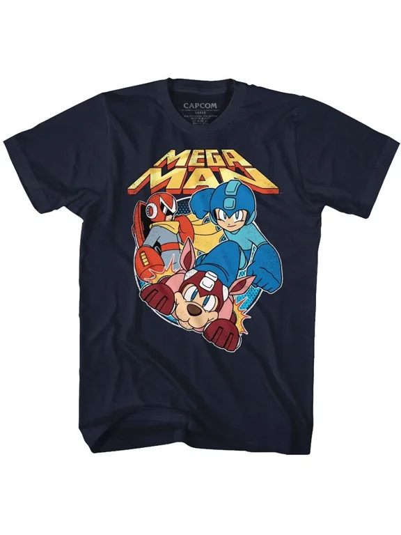 RARE Megaman T-Shirt Capcom FLAT COLORS Gaming in Navy Cotton Sizes SM - 5XL