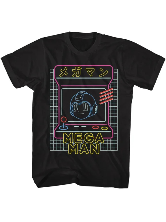 RARE Megaman T-Shirt Mens Capcom Gaming Neon Arcade 100% Black Cotton SM - 5XL