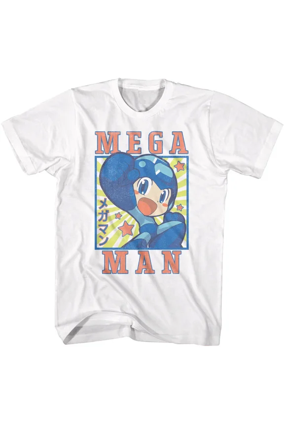 RARE Megaman T-Shirt Mens Capcom Square and Stars White Cotton Sizes SM - 5XL