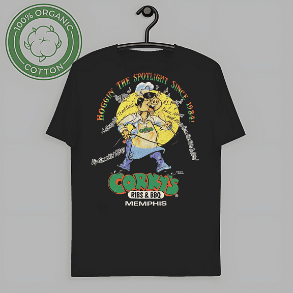 RARE Memphis CORKY’S Ribs BBQ S T-Shirt “Hoggin The Spotlight Since 1984” Pig Elvis-TH59599