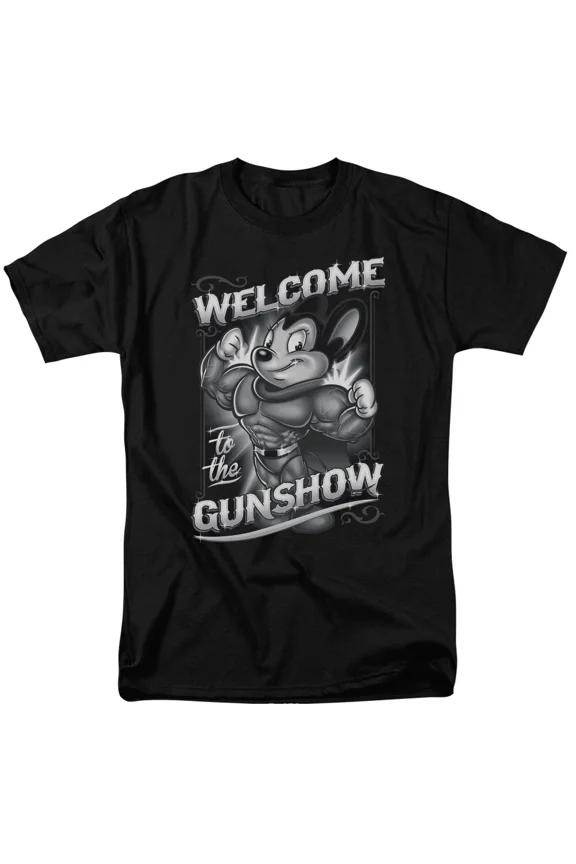 RARE Mighty Mouse Mighty Gunshow T Shirt Mens Licensed Cartoon Merchandise Black