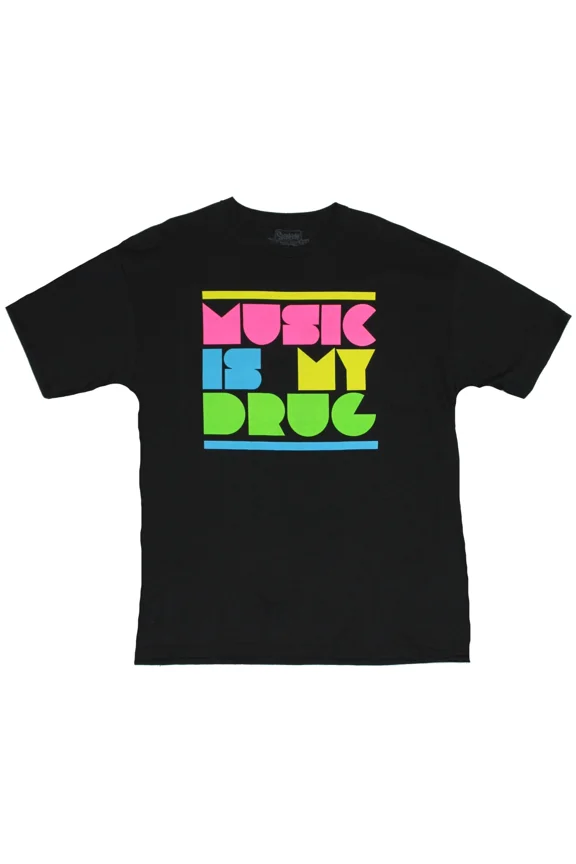 RARE Music is My Drug Adult New T-Shirt - Neon Block Letter Pic