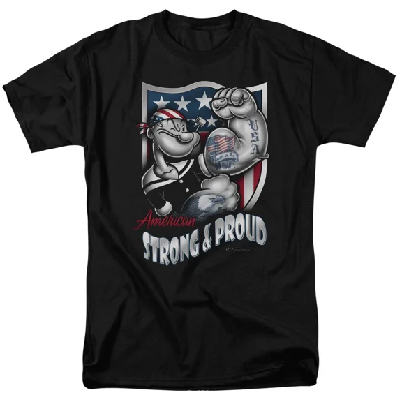 RARE Popeye American Strong and Proud T Shirt Licensed Comic Cartoon Tee Black