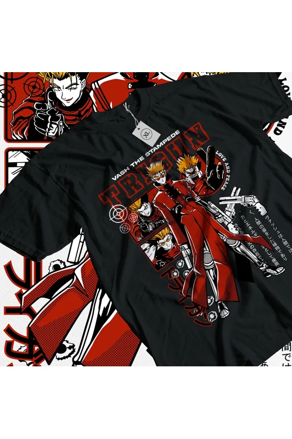 RARE Trigun T-shirt Vash The Stampede Moon Funny Manga Japanese Anime gift Shirt
