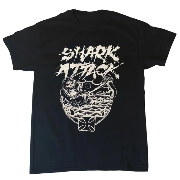 RARE VTG Shark Attack Short Sleeve Cotton Black All Size T-Shirt AM445