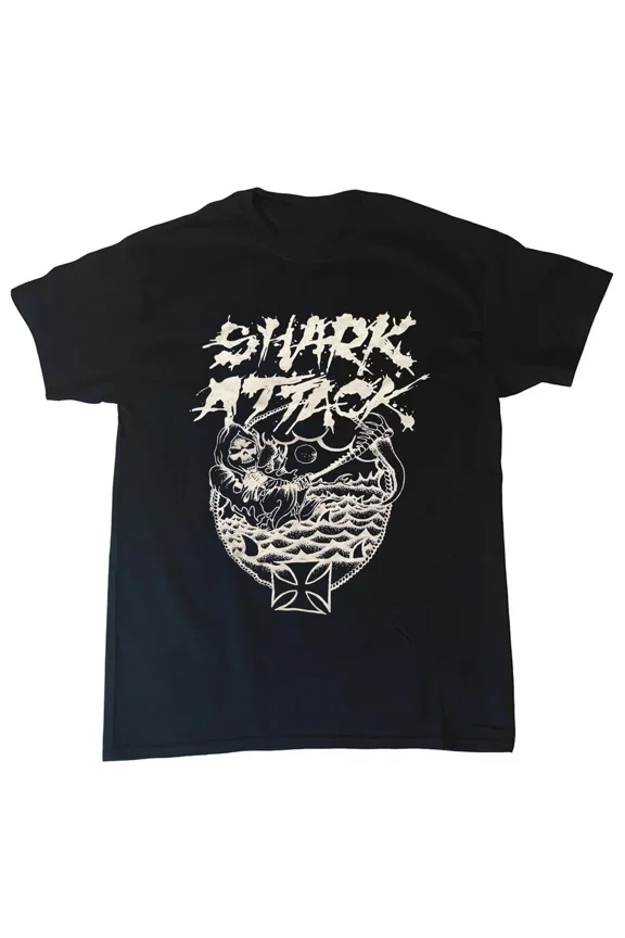 RARE VTG Shark Attack Short Sleeve Cotton Black All Size T-Shirt AM445