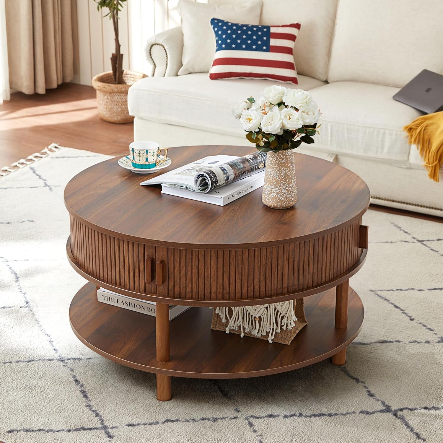 RARZOE 31.5" Round Coffee Table with Storage, Wood Circle Coffee Table ...