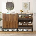 thumbnail image 1 of RARZOE Set of 2 Fluted Shoe Cabinets for Entryway with 2 Flip Drawers, Narrow Wood Shoe Cabinet with Fluted Panel, Freestanding Hidden Shoe Rack with Metal Legs for Foyer,Hallway(31.5''Walnut), 1 of 18