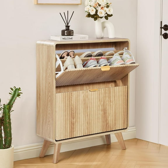 RARZOE Fluted Shoe Storage Cabinet with 2 Flip Drawers, Narrow Curved Shoe Cabinet for Entryway, Freestanding Wood Hidden Shoe Organizer Closed Shoe Rack Cabinet for Foyer,Hallway (27.5''Natural)
