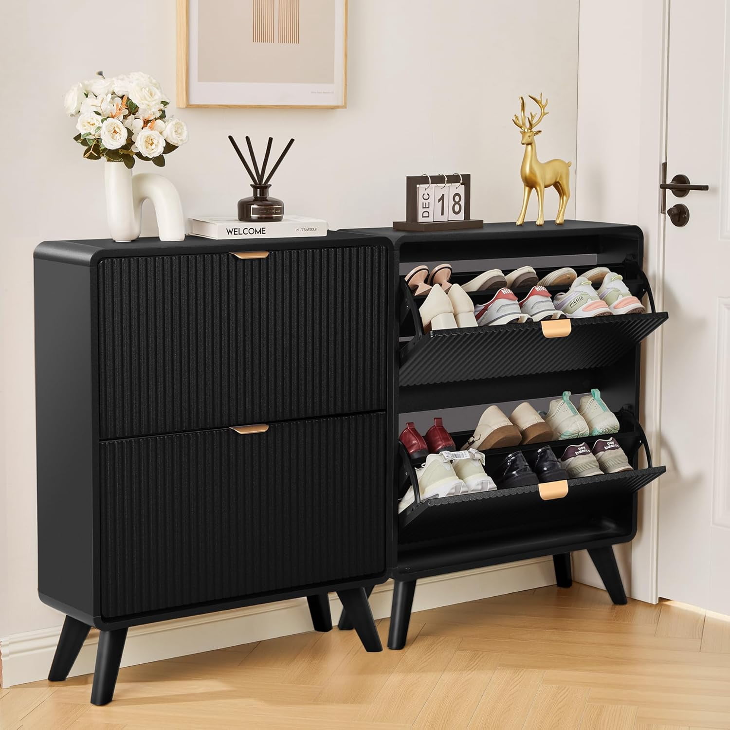 RARZOE Set of 2 Fluted Shoe Storage Cabinets for Entryway, Narrow ...