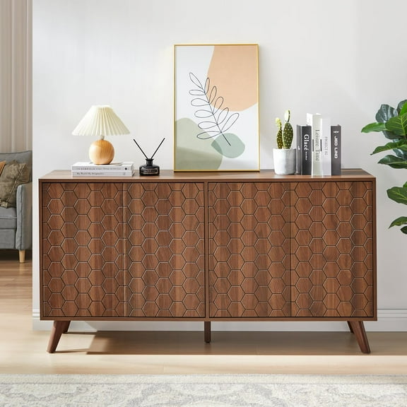 RARZOE Sideboard Buffet Cabinet with Storage, Long Sideboard Storage Cabinet with 4 Doors, Wood Credenza Console Coffee Bar Cabinets with Adjustable Shelves for Living Room Kitchen Dining Room,Walnut