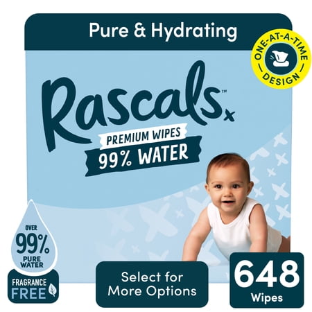 Rascals 99% Water Premium Fragrance Free Baby Wipes, 648 Count