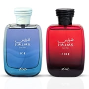 Hawas Ice for Him & Hawas Fire Eau de Parfum Sprays 100ml 3.4 oz by Rasasi Fire & Ice Bundle