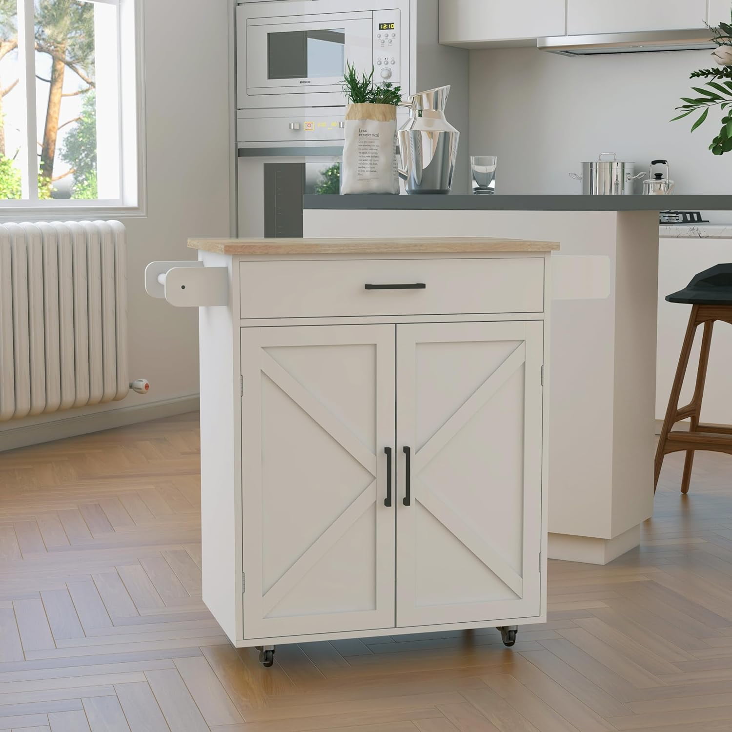 RASOO Kitchen Island with Storage White Rolling Kitchen Cart on Wheels