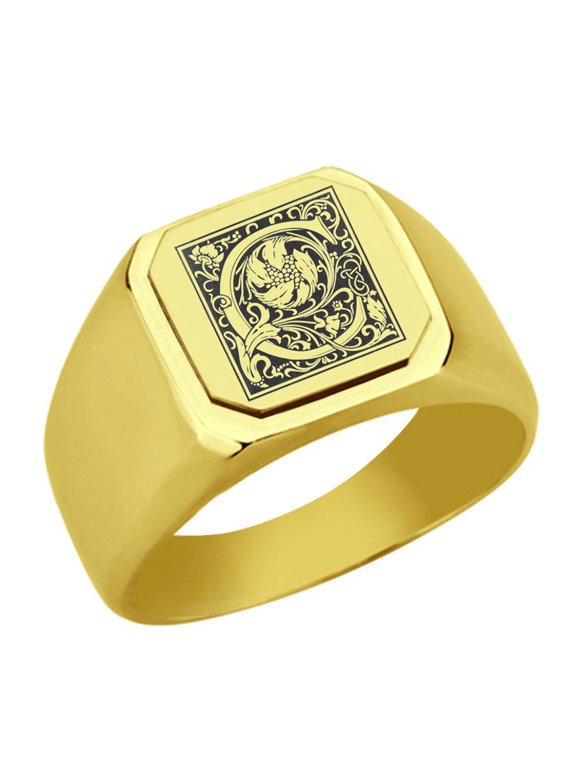 Initial Floral Box Letter C Monogram Stainless Steel Signet Ring