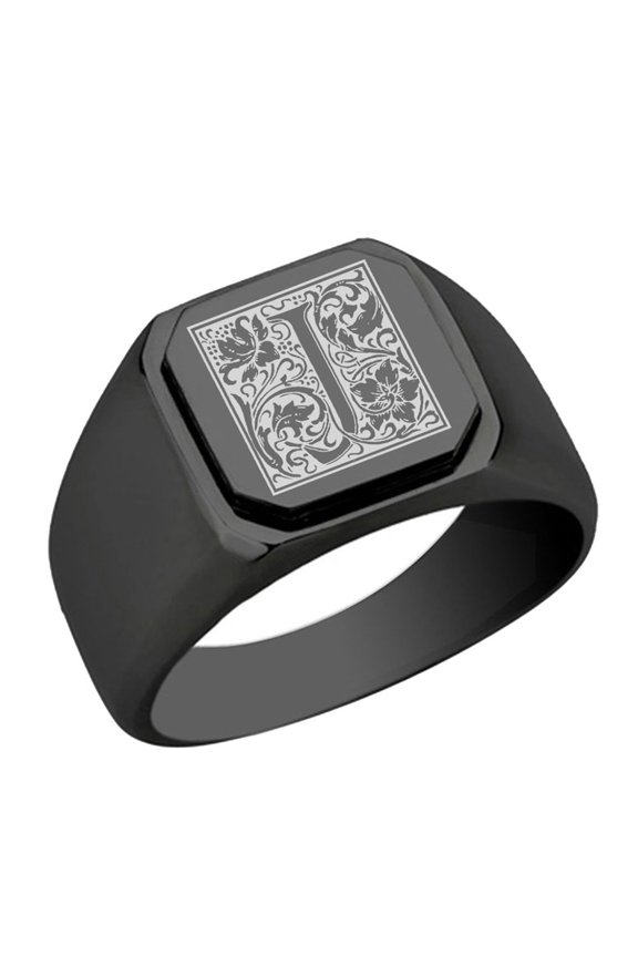 Initial Floral Box Letter J Monogram Stainless Steel Signet Ring