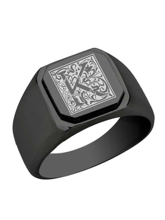Initial Floral Box Letter K Monogram Stainless Steel Signet Ring