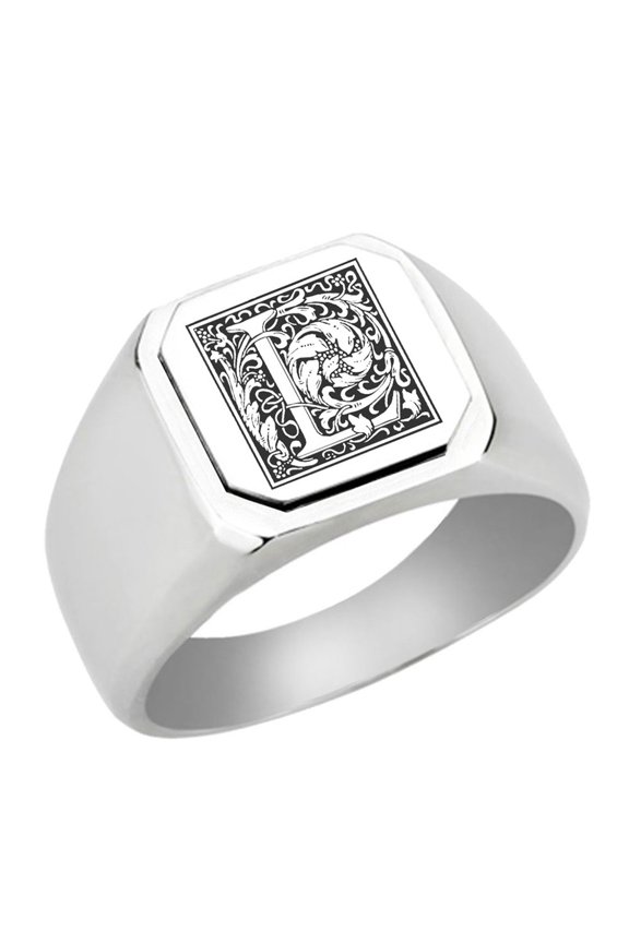 Initial Floral Box Letter L Monogram Stainless Steel Signet Ring