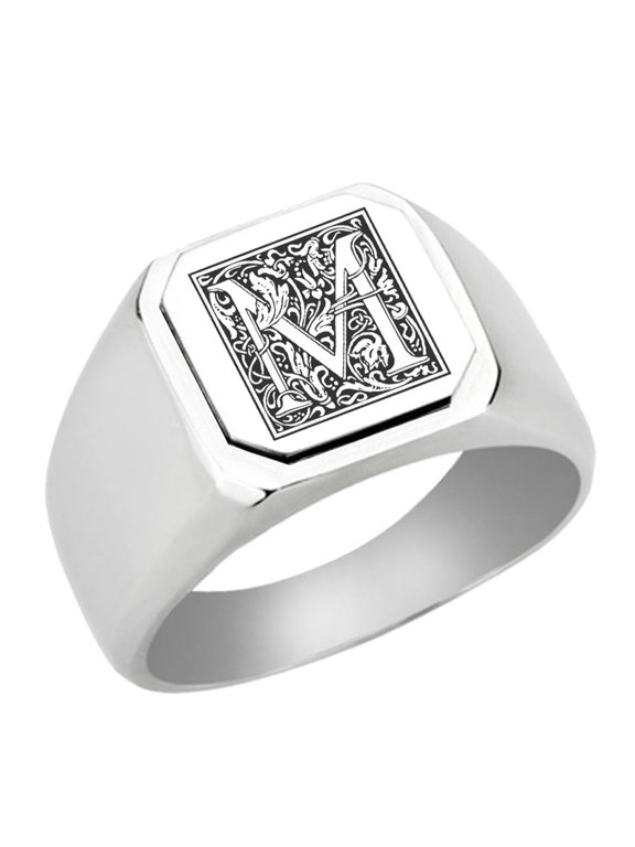 Initial Floral Box Letter M Monogram Stainless Steel Signet Ring