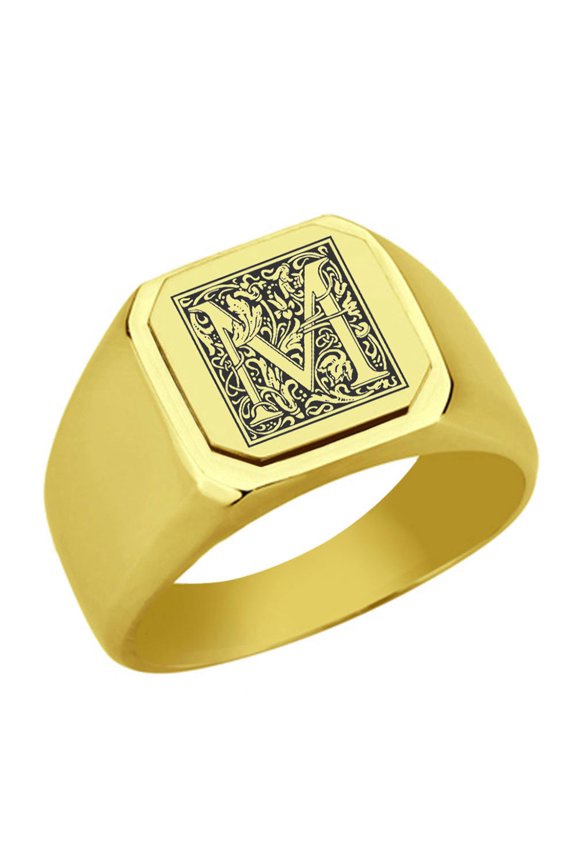 Initial Floral Box Letter M Monogram Stainless Steel Signet Ring