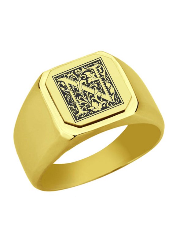 Initial Floral Box Letter N Monogram Stainless Steel Signet Ring