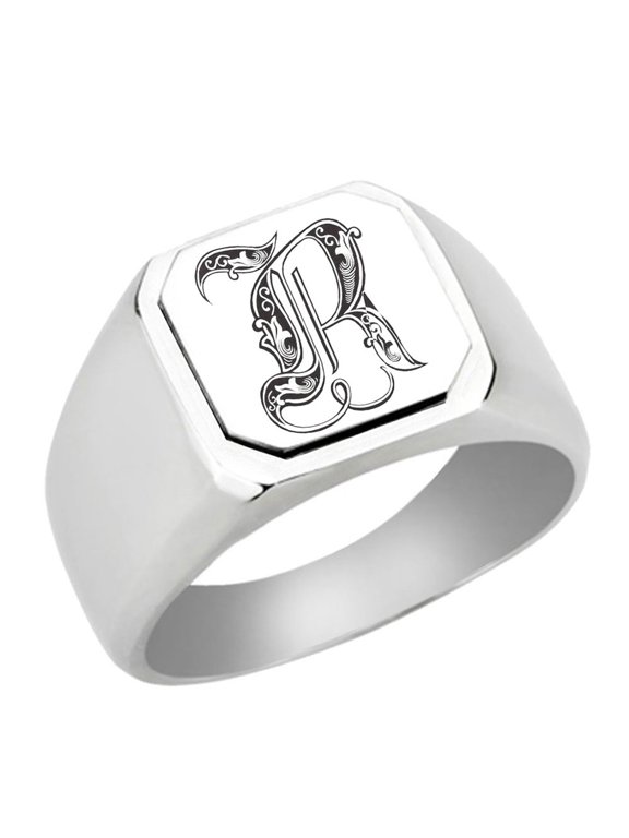 Initial Royal Letter R Monogram Stainless Steel Signet Ring