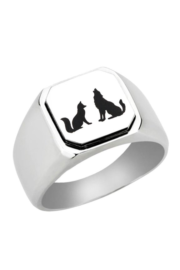 Wolf and Fox Stainless Steel Signet Ring