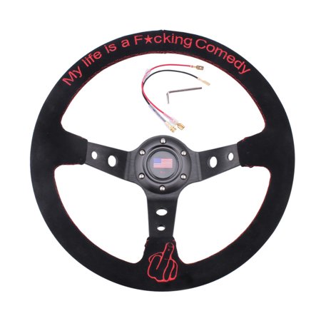 RASTP Racing 14" /345mm Suede Leather Steering Wheel Red Embroidery Deep Dish 95mm Drifting STW021