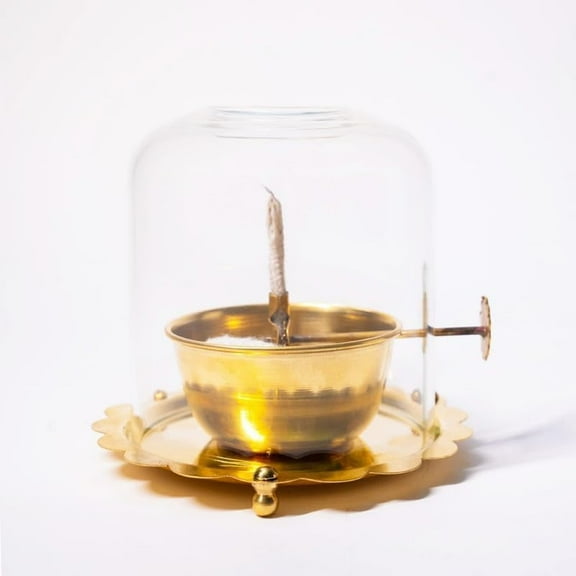RATAN ENTERPRISES Brass Akhand Diya with Glass Cover Inch Diwali Decor for Pooja, Home Decoration Gifts, Borosilicate Batti Lamp with Wick Holder Gold Lid for Jyoti Lighting in Bedroom Mandir