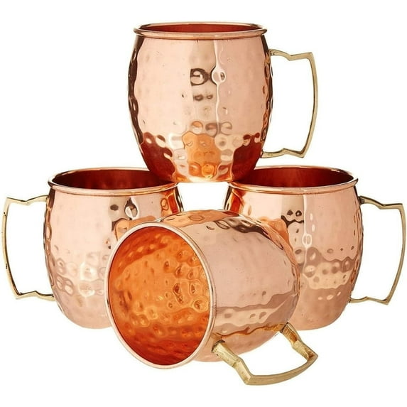 RATAN ENTERPRISES Copper Moscow Mule Mugs Brass Handle Set of 4 Copper Hammered Look Moscow Mule Mug Cup Perfect for Any Chilled Beverage