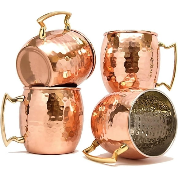 RATAN ENTERPRISES Copper Mug for Moscow Mules 560 ML / 18 oz - Set of 4, Inside Nickle Hammered