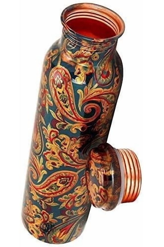RATAN ENTERPRISES Pure Copper Green Flower Water Bottle with Lid 900 ML