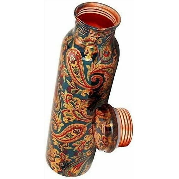 RATAN ENTERPRISES Pure Copper Green Flower Water Bottle with Lid 900 ML