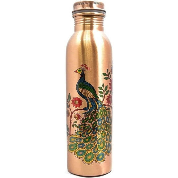 RATAN ENTERPRISES Pure Copper Peacock Design Water Bottle with Lid 900ML