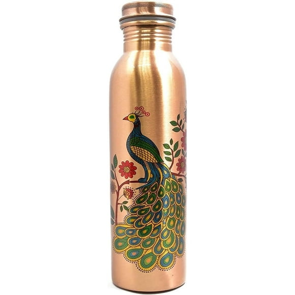 RATAN ENTERPRISES Pure Copper Peacock design water bottle with Lid 900 ML
