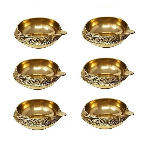 RATAN ENTERPRISES Set of 6 Handmade Pure Brass Kuber Diya Oil Lamps for Puja Room Decoration and Diwali Festival, Golden, 2.5 INCH