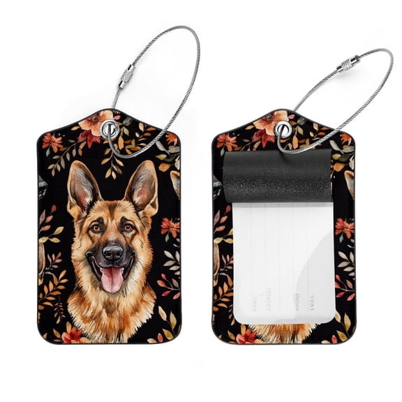 RATGDN 2Pcs Leather Luggage Tags with Stainless Loop, Dog German Shepherd Patterned Travel Tags with Privacy Flap for Suitcases