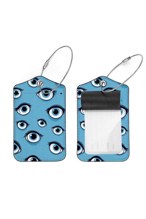 2Pcs Leather Luggage Tags with Stainless Loop, Eyeballs Blur Print Patterned Travel Tags with Privacy Flap for Suitcases