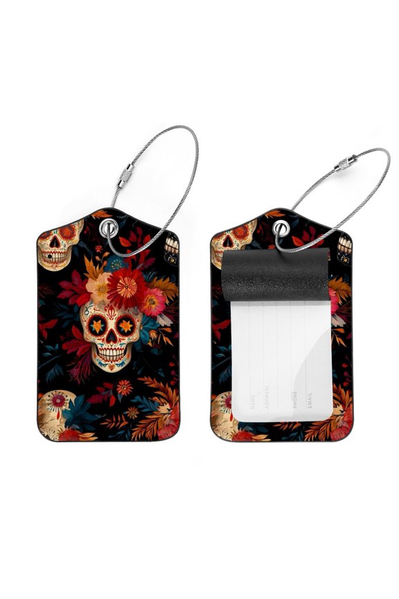 2Pcs Leather Luggage Tags with Stainless Loop, Skull Floral Patterned Travel Tags with Privacy Flap for Suitcases