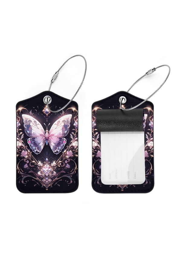 PU Leather Crystal Pink Butterfly Luggage Tags, Includes Address Card, 2Pcs