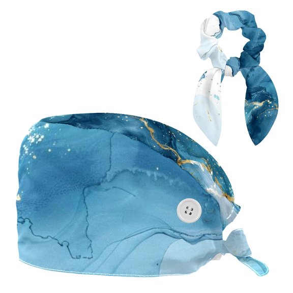 RATGDN Blue Gold Marble Scrub Cap for Women Men - Adjustable Tie Back Hat with Hair Bow - One Size Fits All