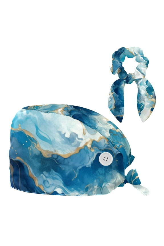 Blue White Marble Working Cap Scrub Cap for Women Men - Adjustable Bouffant Tie Back Hat with Hair Bow - Perfect for Work, Casual Wear, Nurses and Medical Professionals - One Size Fits All