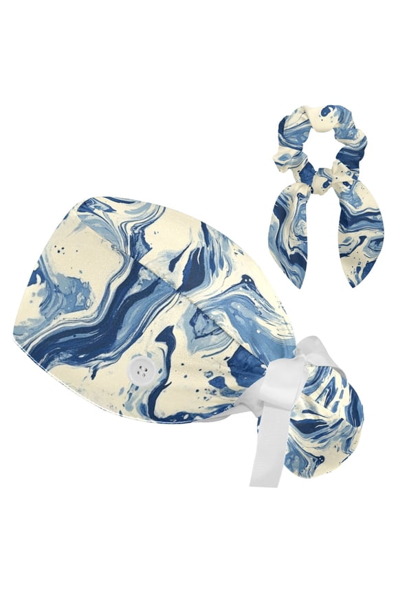 Blue White Quicksand Pattern Tie Scrub Cap for Women Men, Nursing Hats with Buttons and Sweatband, Adjustable Elastic Working Caps Surgical Cap with Hair Bow - One Size Fits All