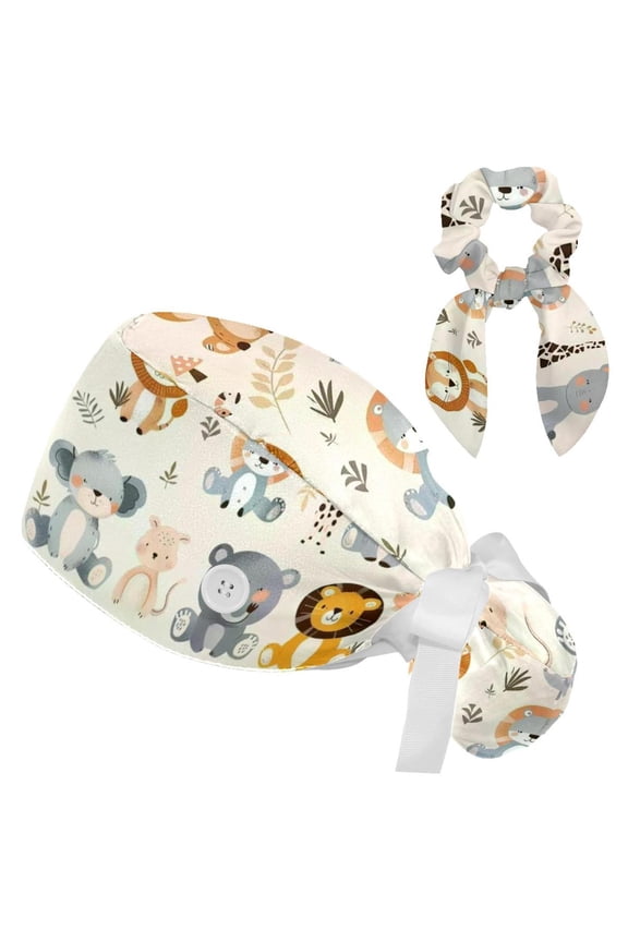 Cartoon Animals Tie Scrub Cap for Women Men, Nursing Hats with Buttons and Sweatband, Adjustable Elastic Working Caps Surgical Cap with Hair Bow - One Size Fits All