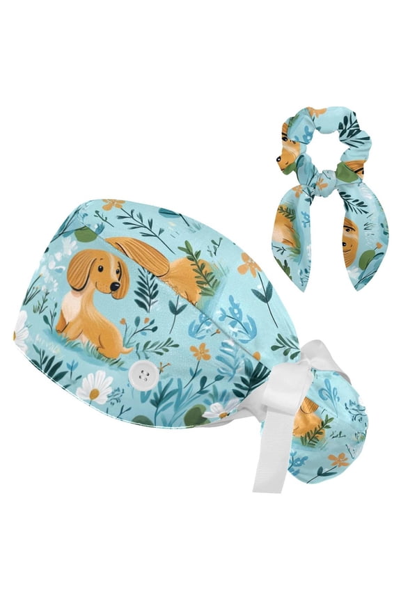 Cartoon Sausage Dog Working Scrub Cap for Women Men - Adjustable Bouffant Tie Back Hat with Hair Bow - Perfect for Work, Leisure, Nurses and Medical Professionals - One Size Fits All