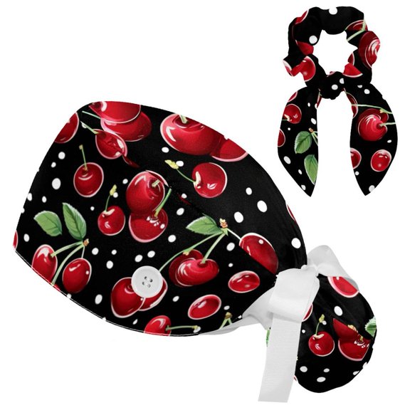 RATGDN Cherry Pattern Tie Scrub Cap for Women Men, Nursing Hats with Buttons and Sweatband, Adjustable Elastic Working Caps Surgical Cap with Hair Bow - One Size Fits All