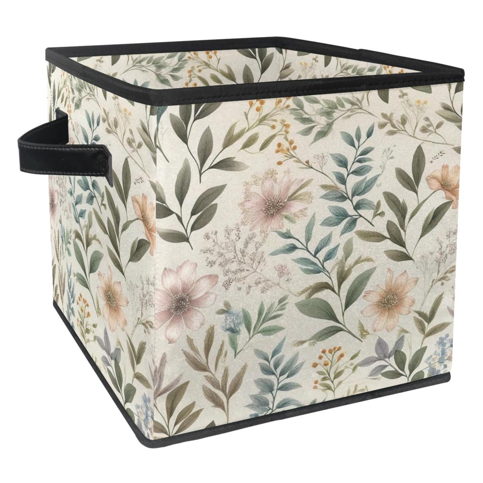 RATGDN Collapsible Fabric Cube Storage Bin with Double Handles for Living Room Bedroom Office Black - Faded Floral Specimens