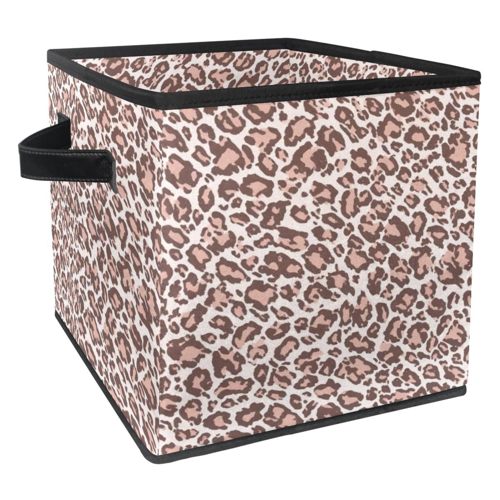 RATGDN Collapsible Fabric Cube Storage Bin with Double Handles for Living Room Bedroom Office Black - Light Pink Leopard Print