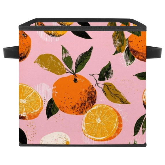 RATGDN Collapsible Fabric Cube Storage Bin with Double Handles for Living Room Bedroom Office Black - Orange Juice Fruit