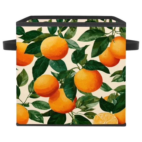 RATGDN Collapsible Fabric Cube Storage Bin with Double Handles for Living Room Bedroom Office Black - Orange Juice Fruit